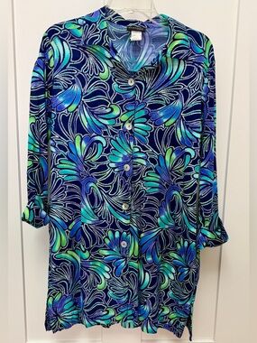 Vintage-Inspired Women's Button Front Top - Navy Blue & Teal Floral